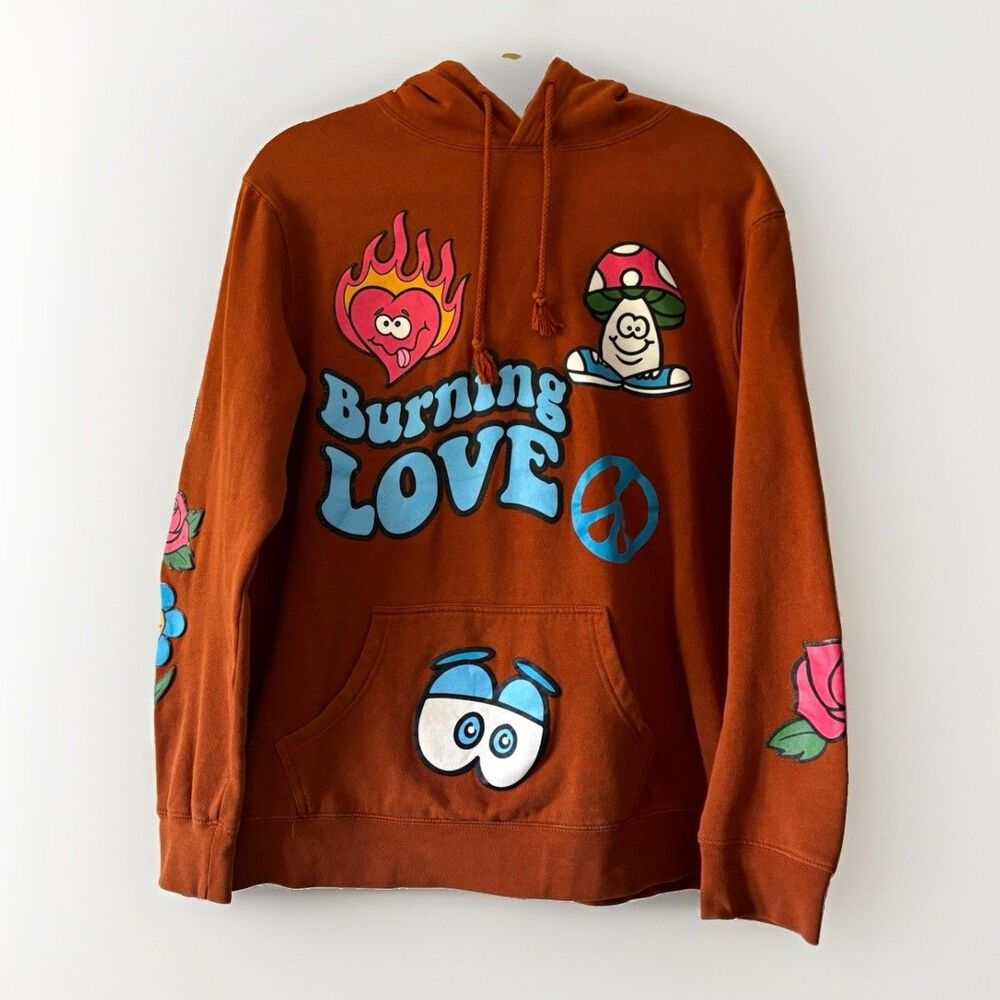 Alpha Collective LA Brunt Orange Burning Love Graphic Pullover Hoodie Pockets S